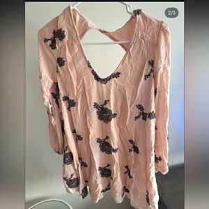 Free People Blush Pink Mini Dress with Black Floral Embroidery